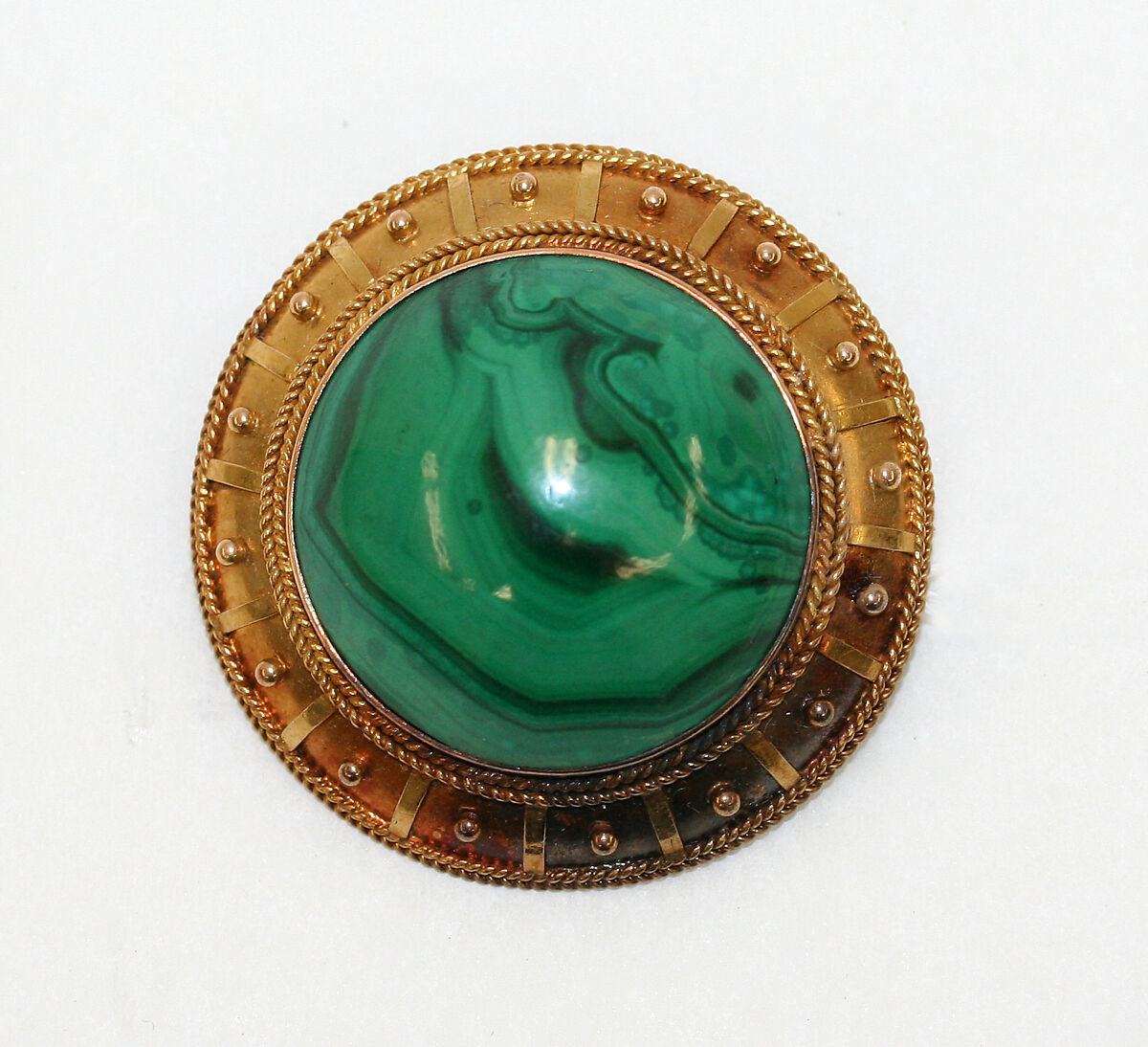 Brooch, gold, malachite, European 