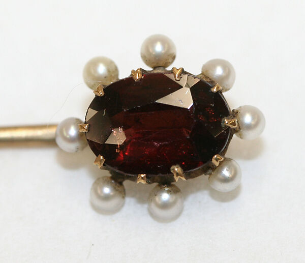 Stickpin, gold, garnet, pearl, American or European