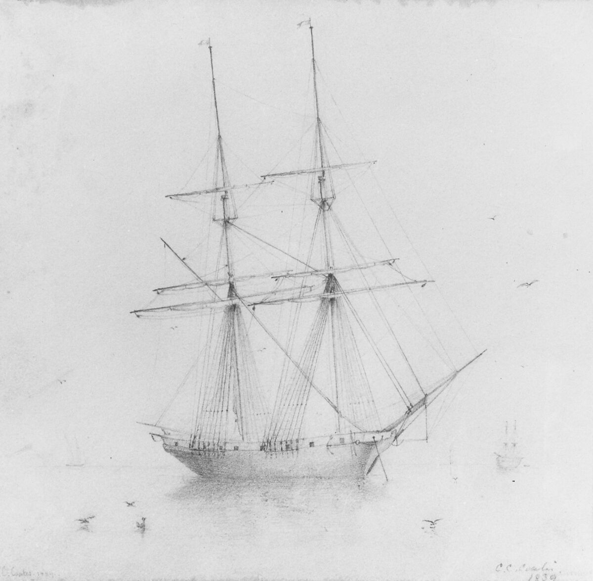 Ship (from McGuire Scrapbook), Probably Edmund C. Coates (active 1837–1872), Graphite on white wove paper, American 