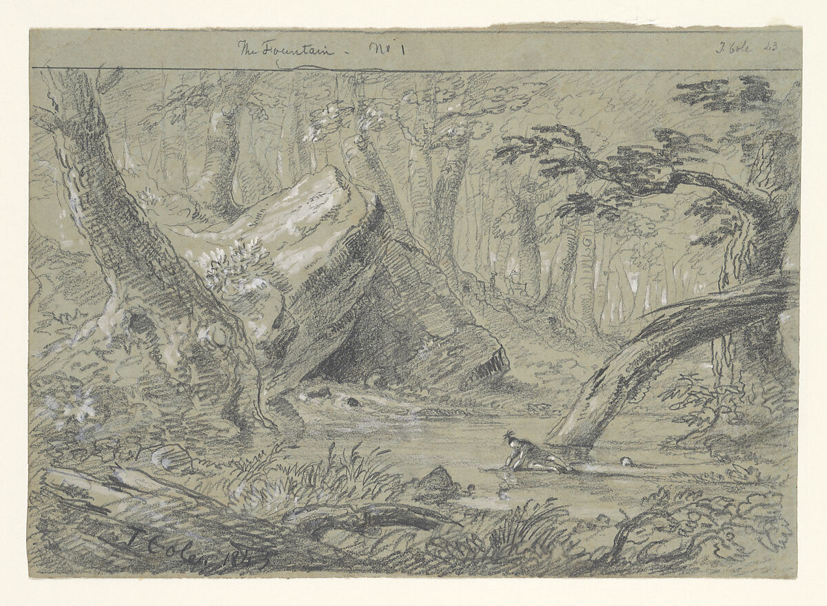 The Fountain, No. 1: The Wounded Indian Slaking His Death Thirst, Thomas Cole (American, Lancashire 1801–1848 Catskill, New York), Graphite and white gouache on green wove paper, American 