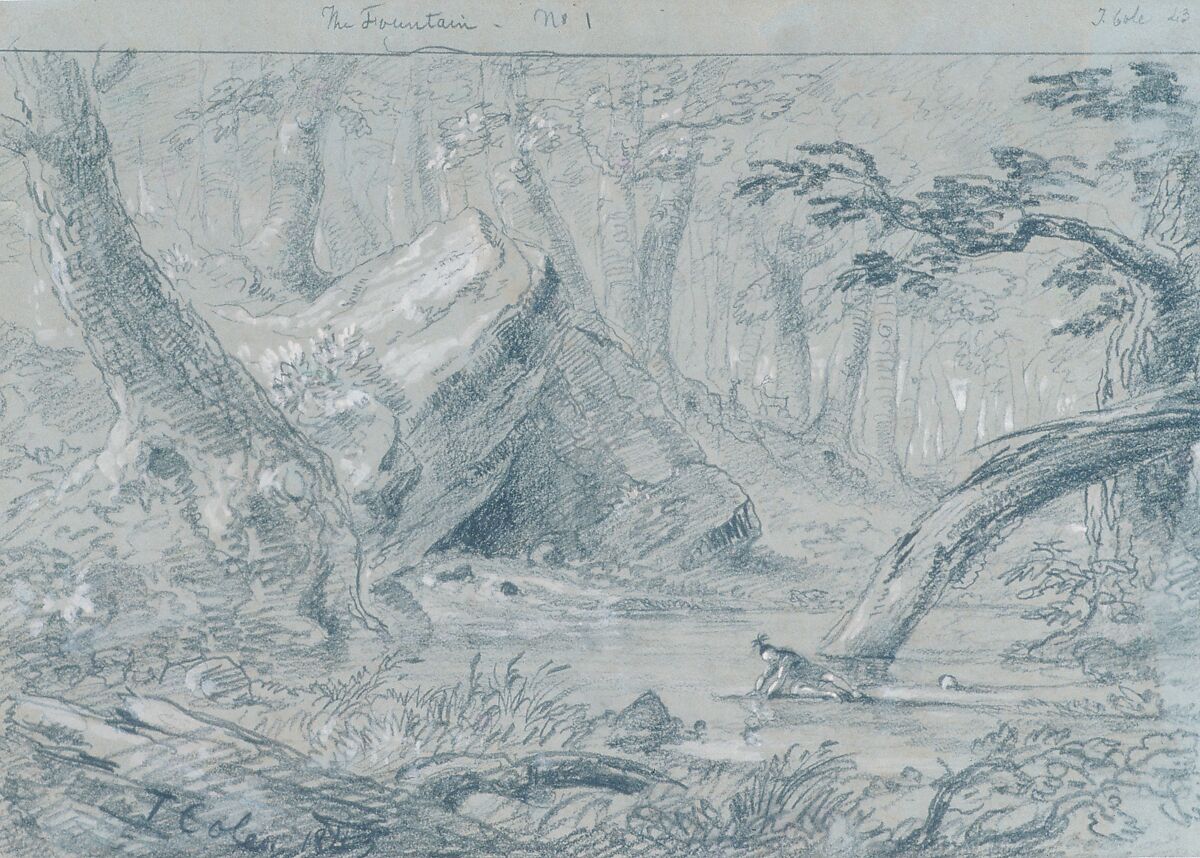 The Fountain, No. 1: The Wounded Indian Slaking His Death Thirst, Thomas Cole (American, Lancashire 1801–1848 Catskill, New York), Graphite and white gouache on green wove paper, American