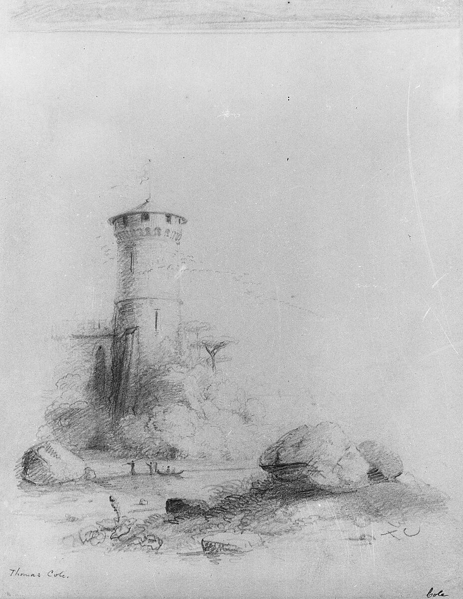 Landscape with Tower (from McGuire Scrapbook), Thomas Cole (American, Lancashire 1801–1848 Catskill, New York), Graphite on off-white wove paper, American 