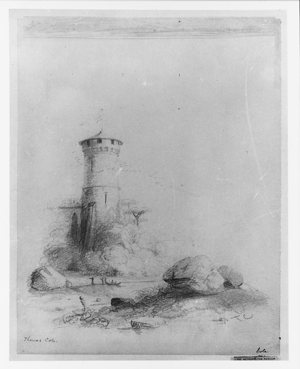 Landscape with Tower (from McGuire Scrapbook), Thomas Cole (American, Lancashire 1801–1848 Catskill, New York), Graphite on off-white wove paper, American