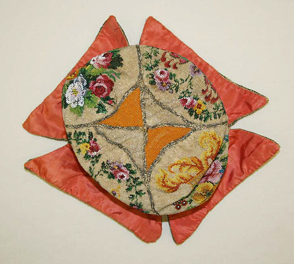 Drawstring bag, beads, metal, silk, French