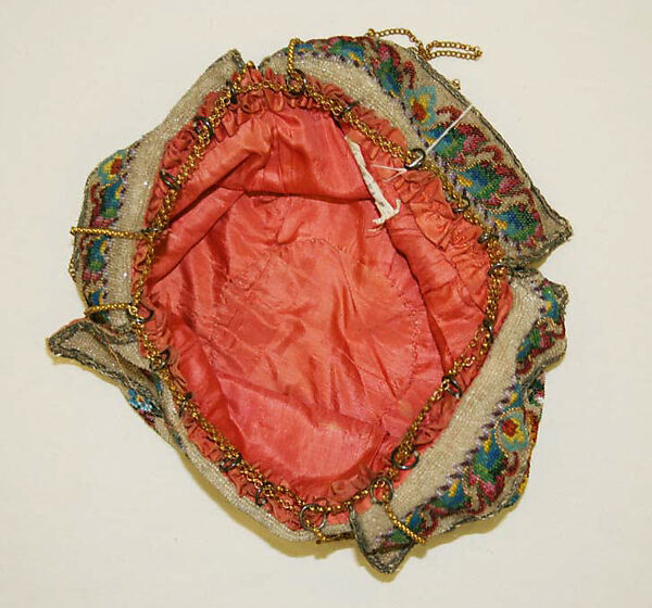 Drawstring bag, beads, metal, silk, French
