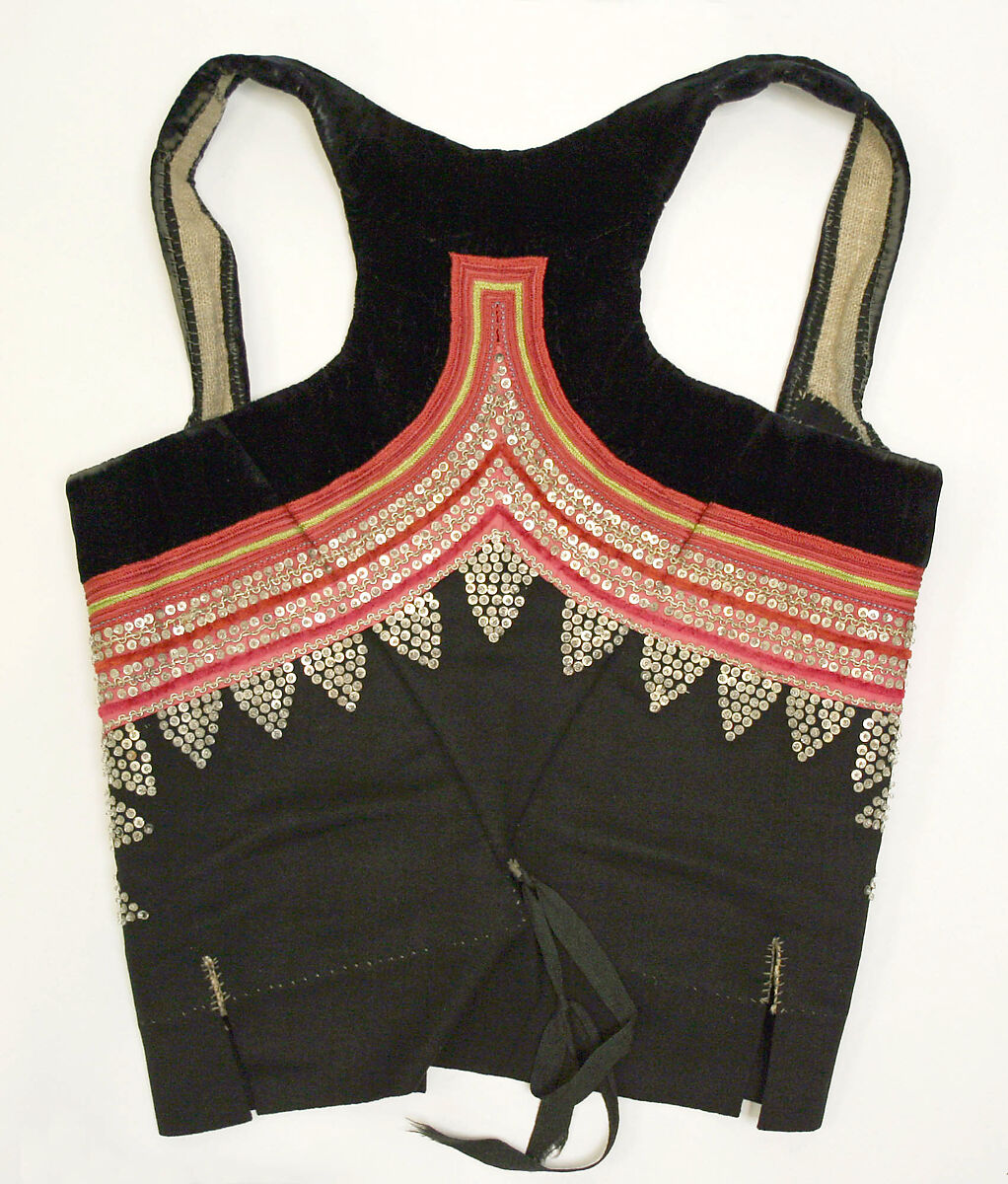 Bodice, wool, wool thread, metal thread, glass beads, French, Brittany