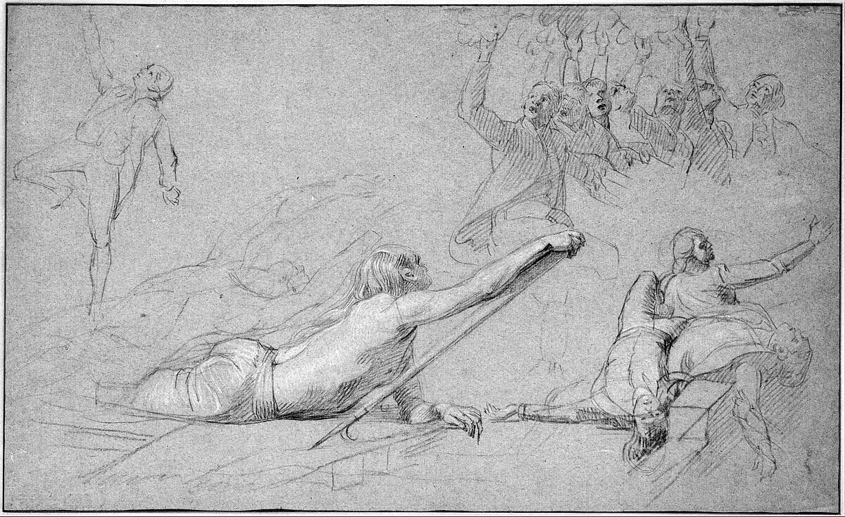 Study for "The Siege of Gibraltar": Figure Reaching; Sprawling Figures; Cheering Group; Dying Sailors, John Singleton Copley (American, Boston, Massachusetts 1738–1815 London), Black chalk and white-chalk heightening on light blue laid paper, American