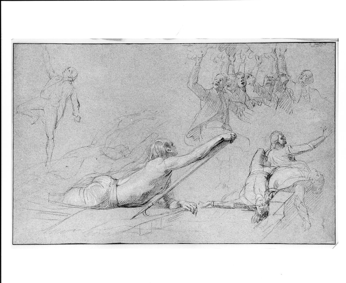 Study for "The Siege of Gibraltar": Figure Reaching; Sprawling Figures; Cheering Group; Dying Sailors, John Singleton Copley (American, Boston, Massachusetts 1738–1815 London), Black chalk and white-chalk heightening on light blue laid paper, American
