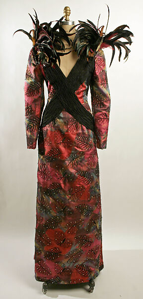 Evening dress, Hanae Mori (French, 1977–2004), synthetic, silk, rhinestone, feathers, Japanese 