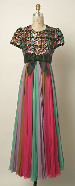 Evening dress, Sarmi, silk, metallic thread, plastic, American 