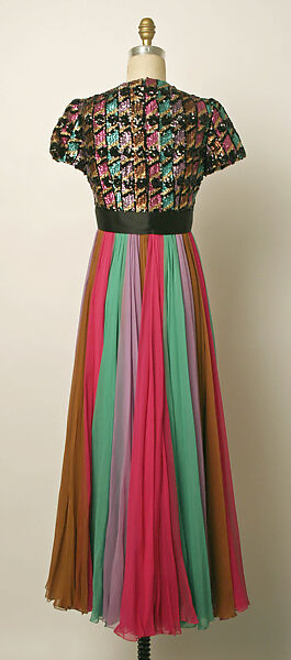 Evening dress, Sarmi, silk, metallic thread, plastic, American