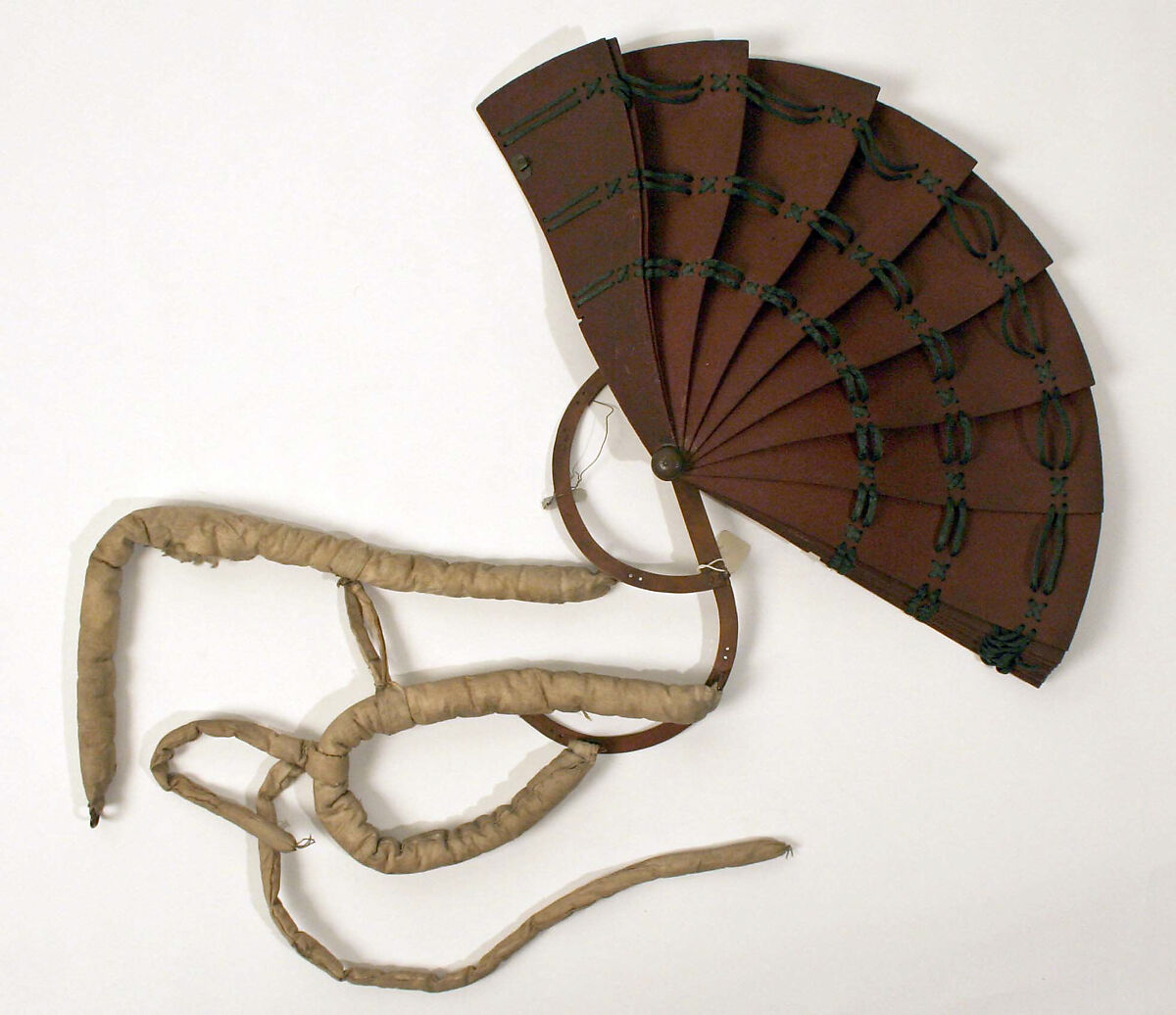 War Hat, Leather, textile, lacquer, gold, Japanese 