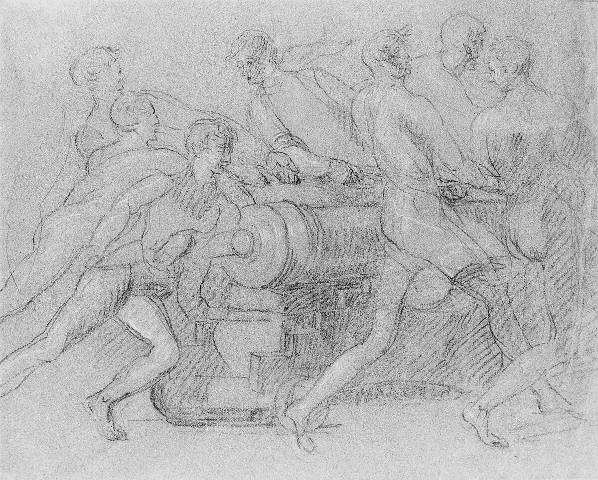 Sailors Maneuvering a Cannon, Possibly a Study for "The Death of Sir John More at Corunna", John Singleton Copley (American, Boston, Massachusetts 1738–1815 London), Black chalk and white-chalk heightening on blue laid paper, American 