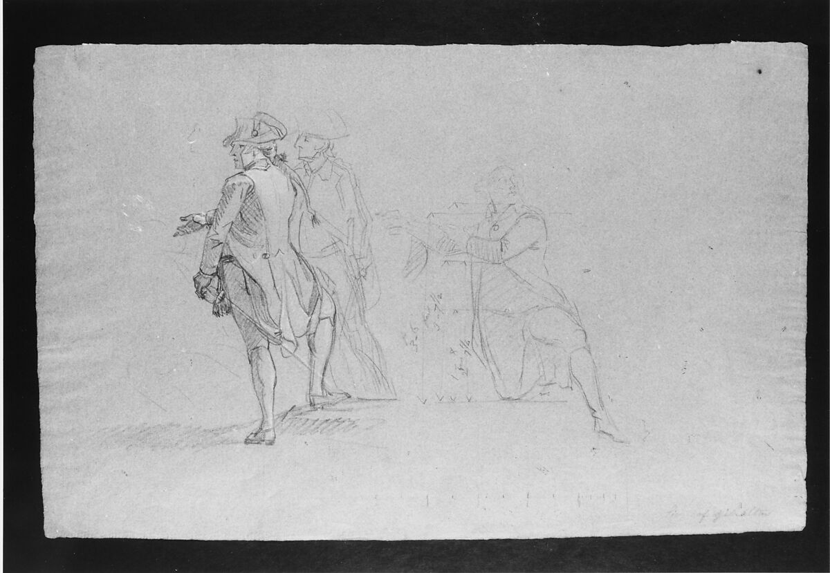 Study for "The Siege of Gibraltar": Three Officers, Two Standing and One Kneeling, John Singleton Copley (American, Boston, Massachusetts 1738–1815 London), Black chalk and white-chalk heightening on blue laid paper, American 