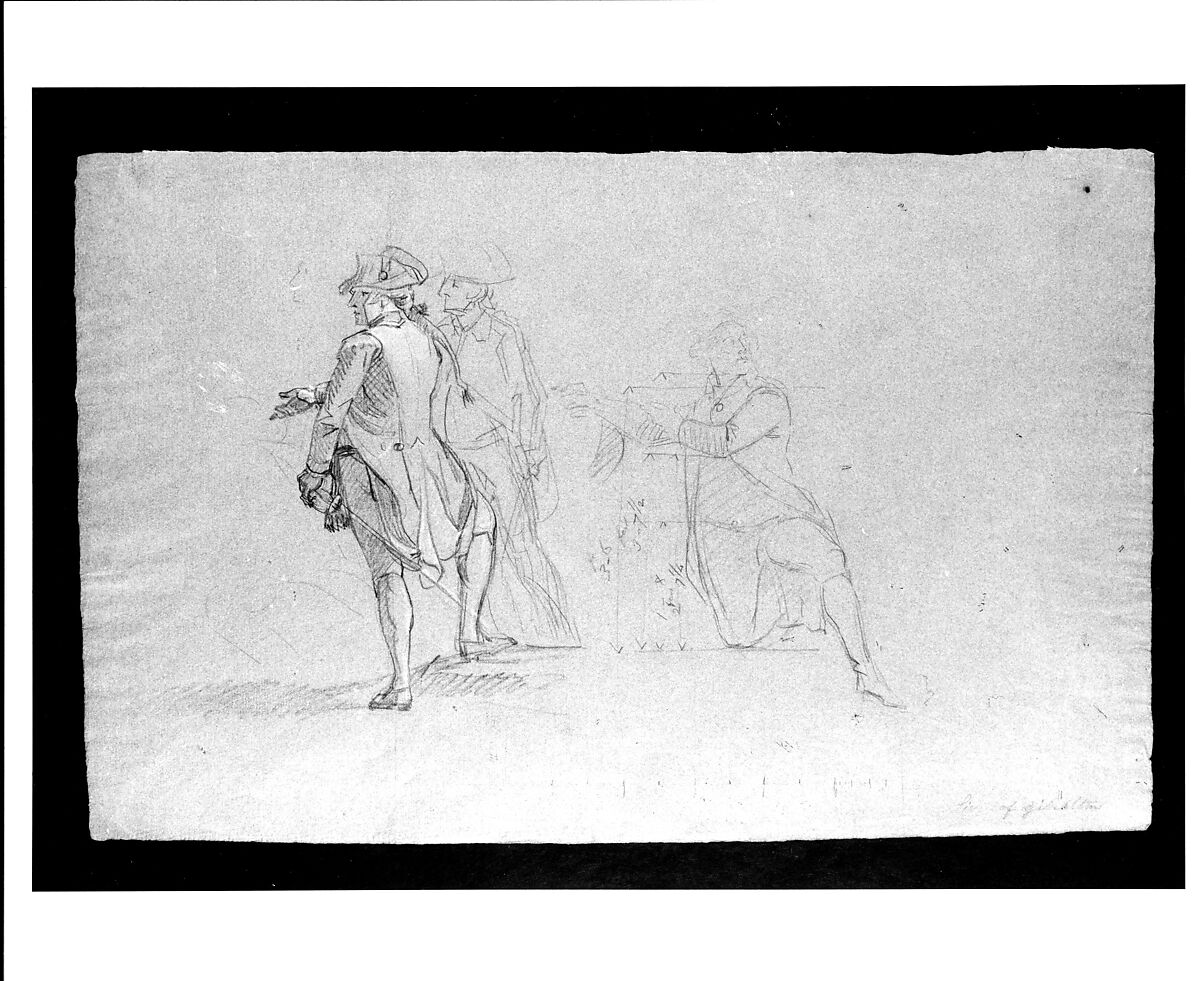 Study for "The Siege of Gibraltar": Three Officers, Two Standing and One Kneeling, John Singleton Copley (American, Boston, Massachusetts 1738–1815 London), Black chalk and white-chalk heightening on blue laid paper, American
