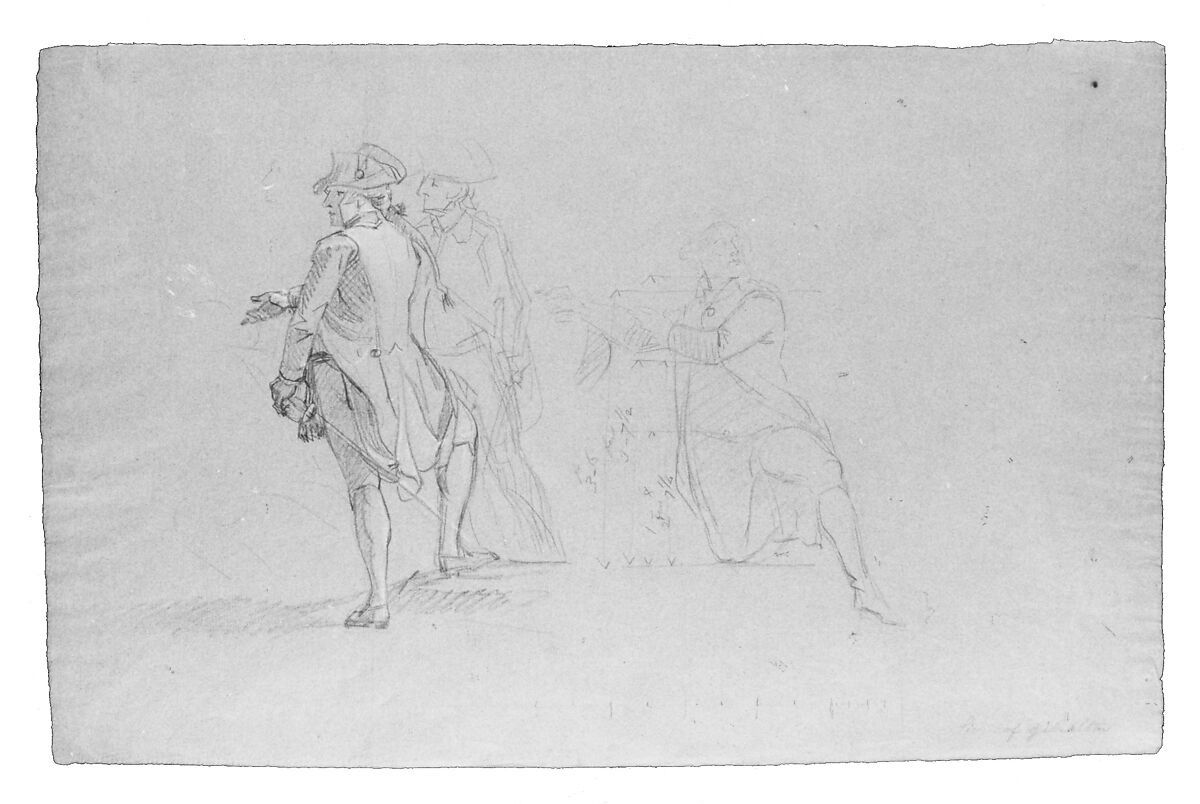 Study for "The Siege of Gibraltar": Three Officers, Two Standing and One Kneeling, John Singleton Copley (American, Boston, Massachusetts 1738–1815 London), Black chalk and white-chalk heightening on blue laid paper, American