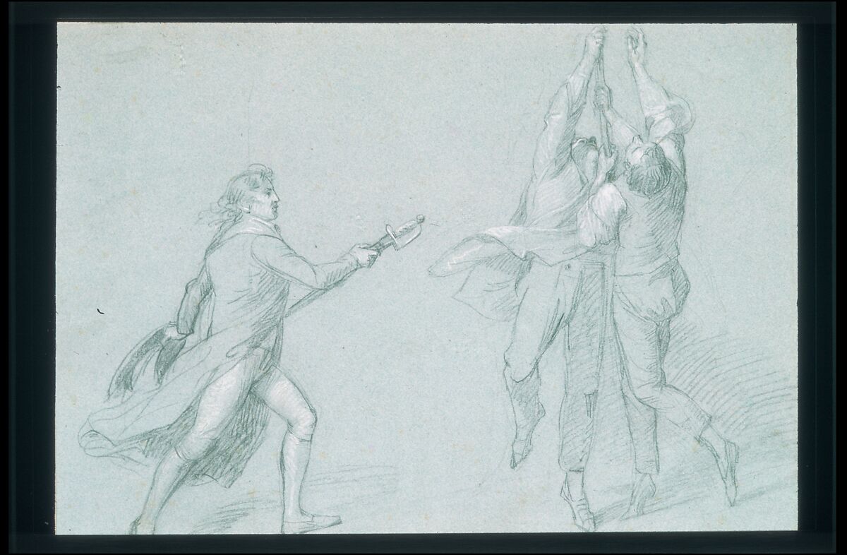 Study for "The Surrender of the Dutch Admiral De Winter to Admiral Duncan, October 11, 1797": Admiral De Winter Raising the Colors, John Singleton Copley (American, Boston, Massachusetts 1738–1815 London), Black chalk, white-chalk heightening, and gouche on blue laid paper, American