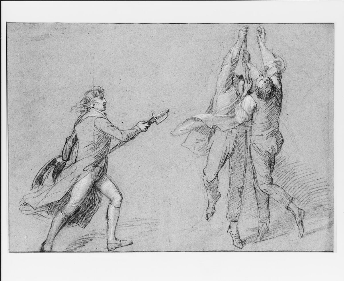 Study for "The Surrender of the Dutch Admiral De Winter to Admiral Duncan, October 11, 1797": Admiral De Winter Raising the Colors, John Singleton Copley (American, Boston, Massachusetts 1738–1815 London), Black chalk, white-chalk heightening, and gouche on blue laid paper, American