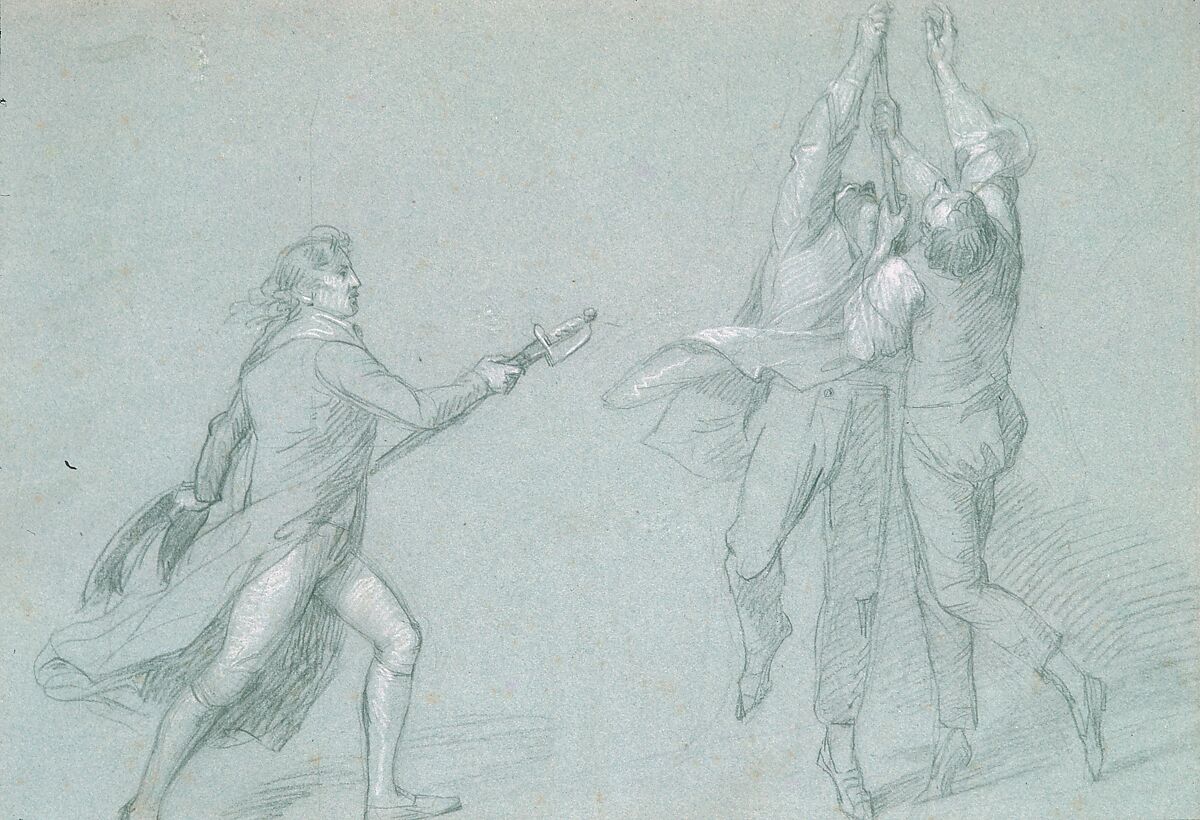 Study for "The Surrender of the Dutch Admiral De Winter to Admiral Duncan, October 11, 1797": Admiral De Winter Raising the Colors, John Singleton Copley (American, Boston, Massachusetts 1738–1815 London), Black chalk, white-chalk heightening, and gouche on blue laid paper, American 