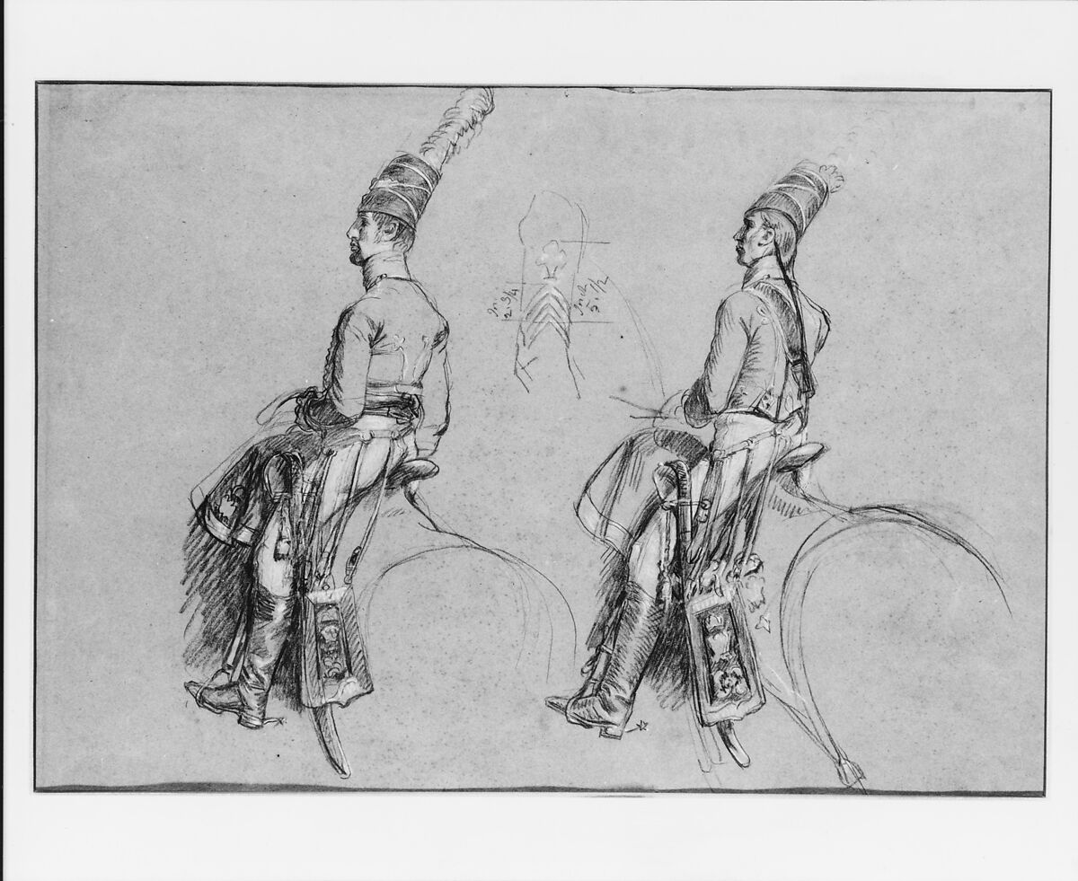 Two Equestrian Figures, Possibly a Study for "George IV,  Prince of Wales", John Singleton Copley (American, Boston, Massachusetts 1738–1815 London), Black chalk and white-chalk heightening on blue wove paper, American