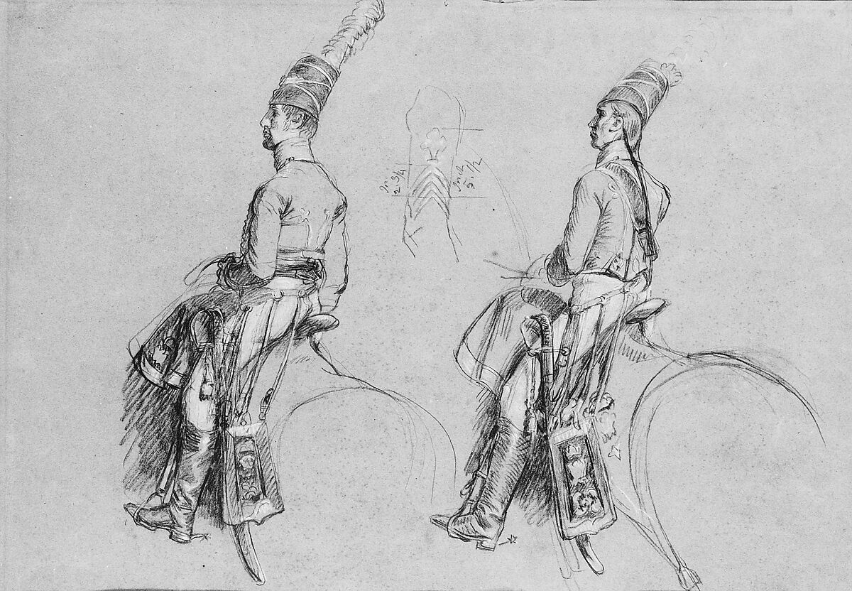 Two Equestrian Figures, Possibly a Study for "George IV,  Prince of Wales", John Singleton Copley (American, Boston, Massachusetts 1738–1815 London), Black chalk and white-chalk heightening on blue wove paper, American 