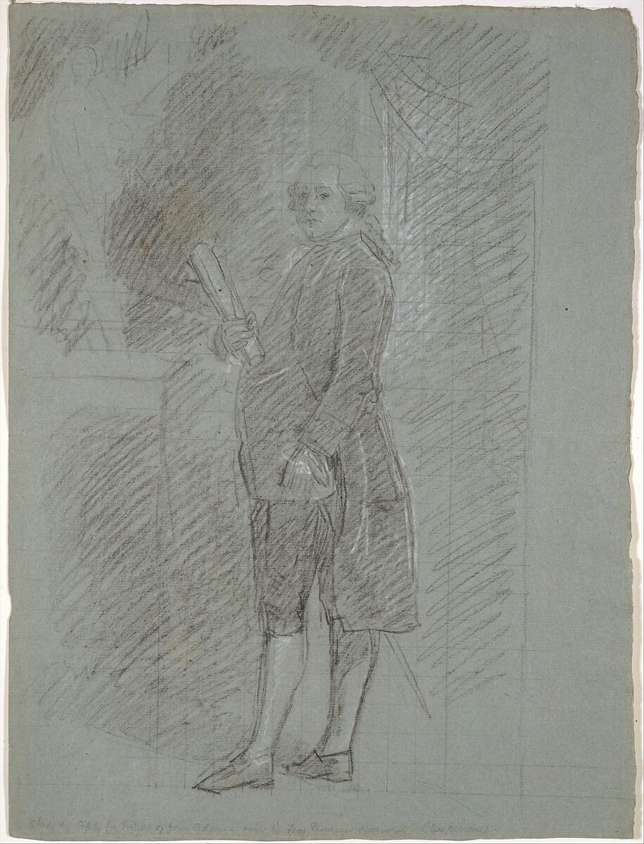 Study for "John Adams", John Singleton Copley (American, Boston, Massachusetts 1738–1815 London), Black chalk, white-chalk heightening, and graphite on blue laid paper, American