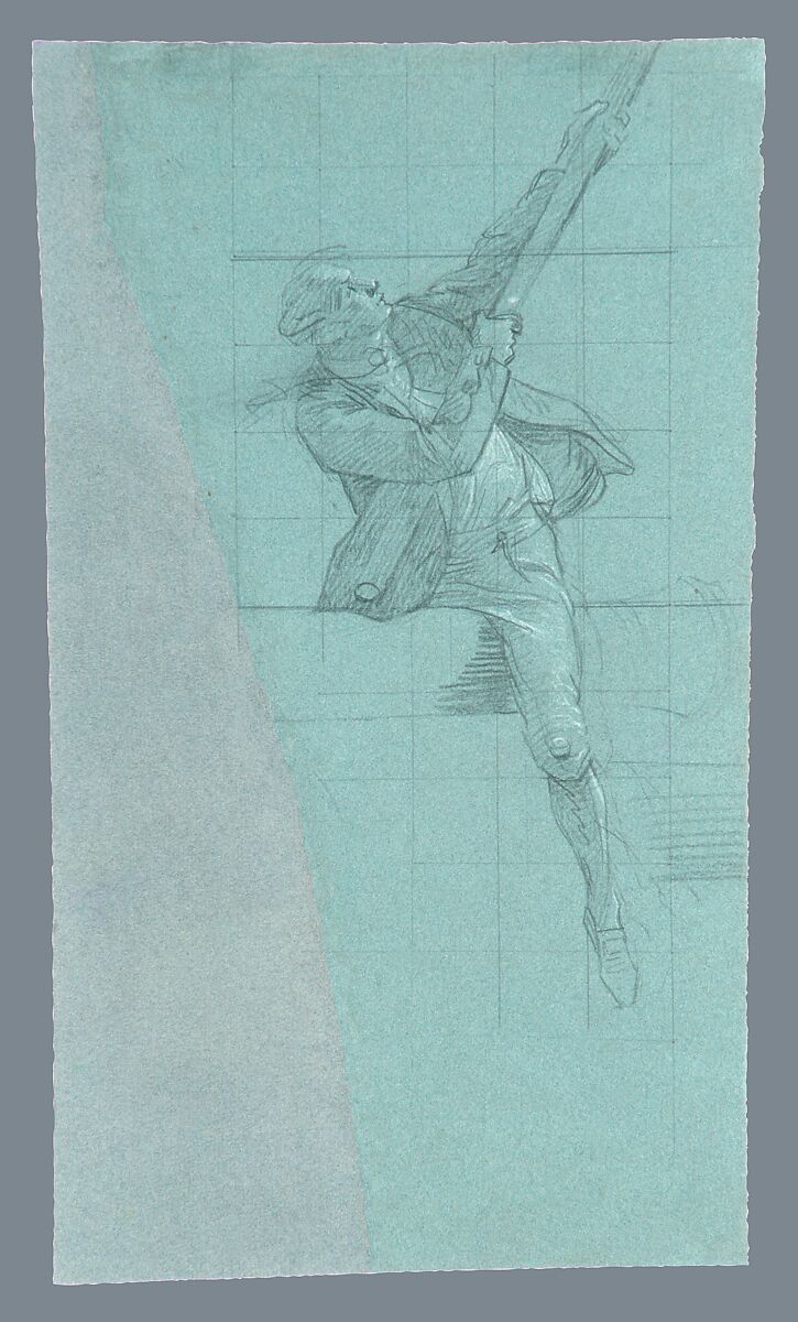 Study for "The Siege of Gibraltar": Figure Astride Cannon Pulling Down Spanish Colors, John Singleton Copley (American, Boston, Massachusetts 1738–1815 London), Black chalk, white-chalk heightening, and graphite on blue laid paper, American