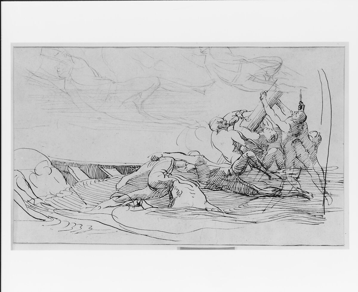 Study for "The Siege of Gibraltar": The Wrecked Longboat, John Singleton Copley (American, Boston, Massachusetts 1738–1815 London), Pen and brown ink and black chalk on off-white laid paper, American 