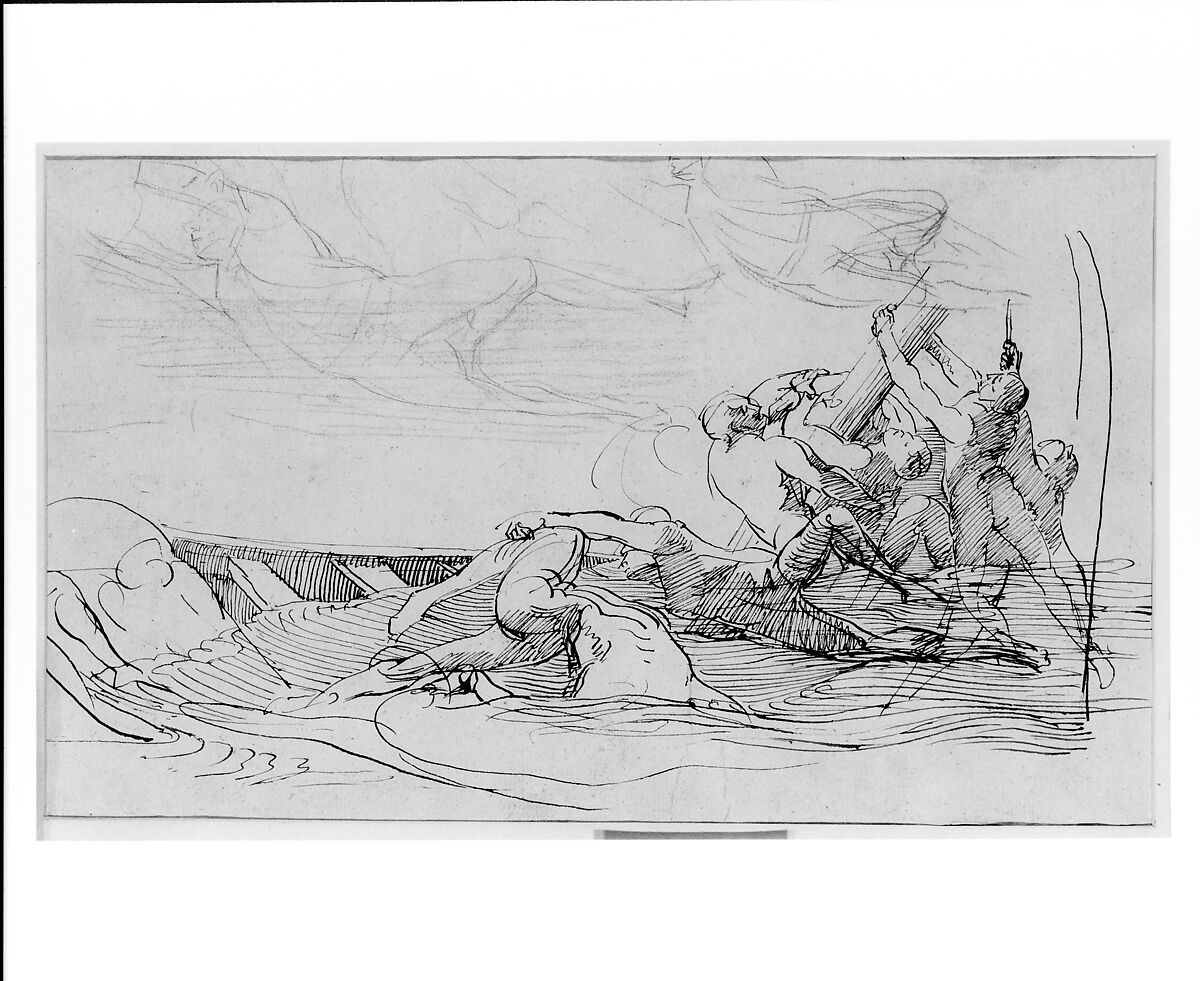 Study for "The Siege of Gibraltar": The Wrecked Longboat, John Singleton Copley (American, Boston, Massachusetts 1738–1815 London), Pen and brown ink and black chalk on off-white laid paper, American