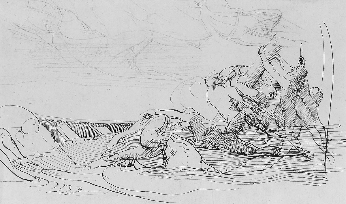 Study for "The Siege of Gibraltar": The Wrecked Longboat, John Singleton Copley (American, Boston, Massachusetts 1738–1815 London), Pen and brown ink and black chalk on off-white laid paper, American