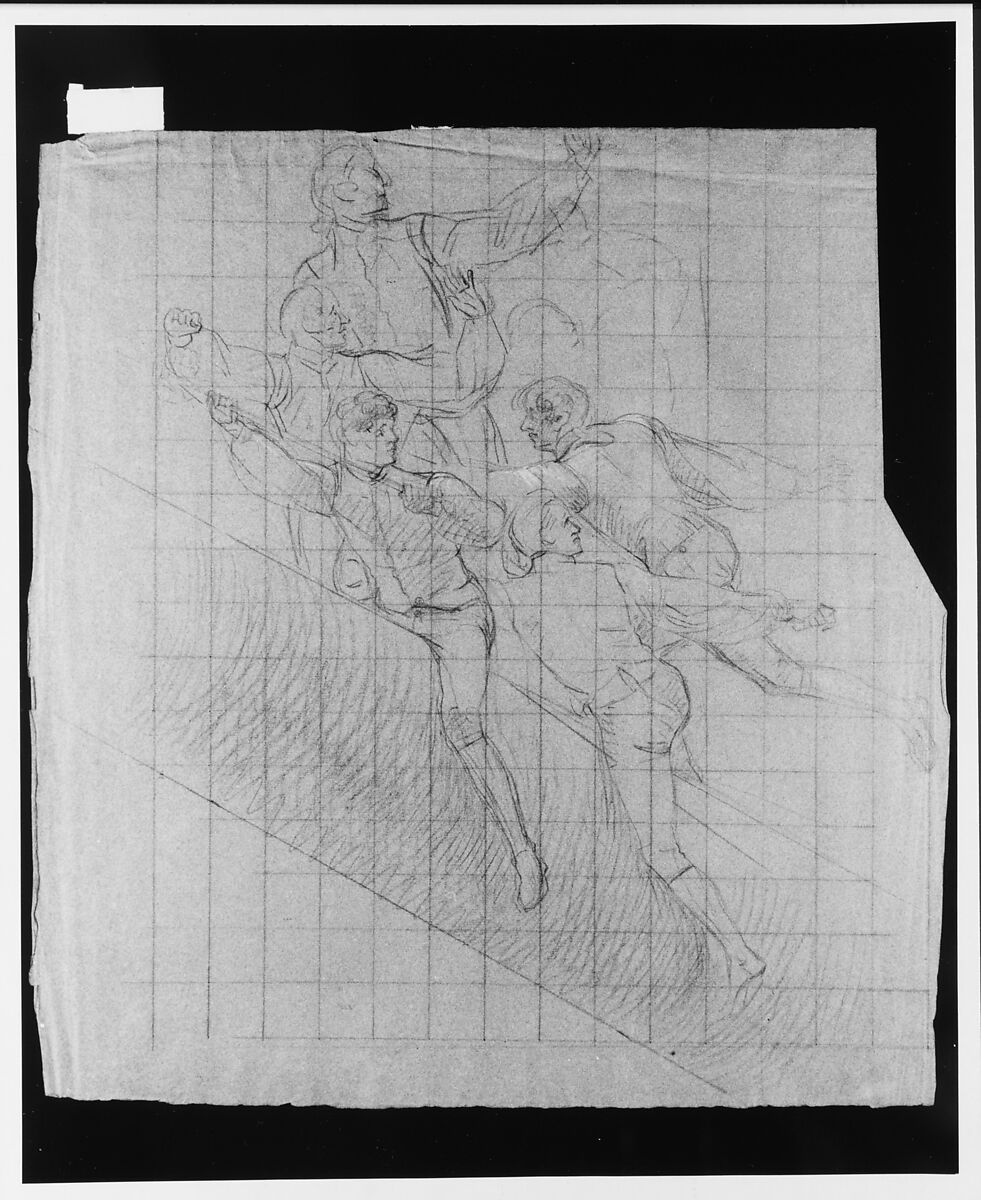 Study for "The Siege of Gibraltar": Figures Astride Spar, John Singleton Copley (American, Boston, Massachusetts 1738–1815 London), Black and red chalk and white-chalk heightening on dark blue laid paper, American 