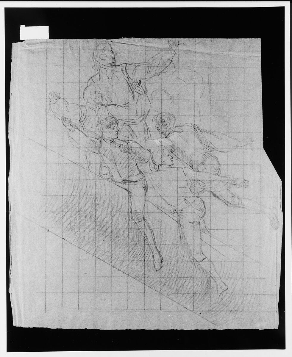 Study for "The Siege of Gibraltar": Figures Astride Spar, John Singleton Copley (American, Boston, Massachusetts 1738–1815 London), Black and red chalk and white-chalk heightening on dark blue laid paper, American