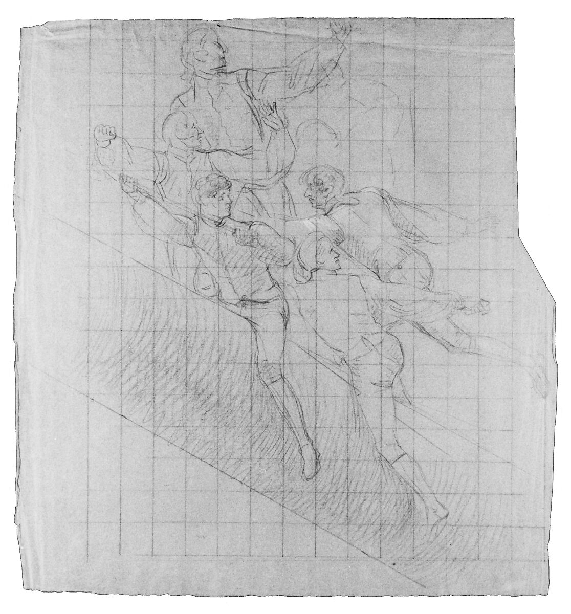 Study for "The Siege of Gibraltar": Figures Astride Spar, John Singleton Copley (American, Boston, Massachusetts 1738–1815 London), Black and red chalk and white-chalk heightening on dark blue laid paper, American