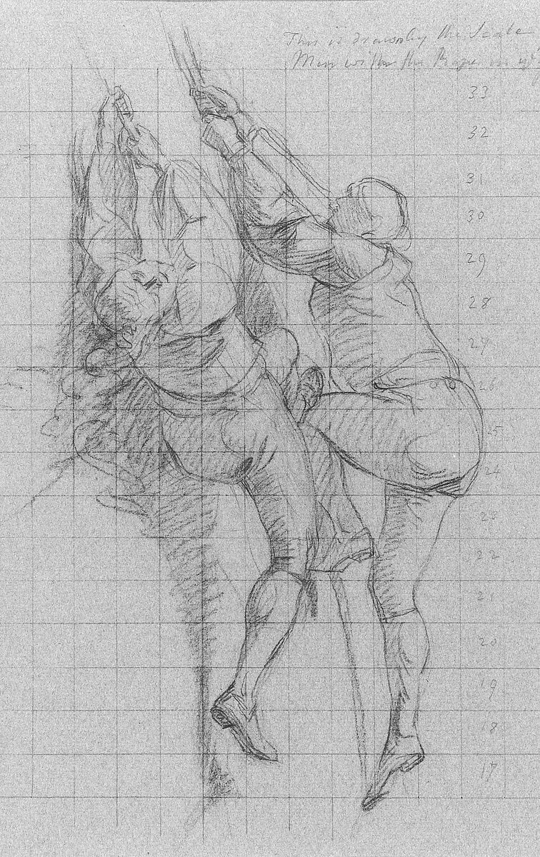 Study for "The Siege of Gibraltar": Figures Scaling Floating Battery; Cannon, John Singleton Copley (American, Boston, Massachusetts 1738–1815 London), Black and red chalk on blue laid paper, American