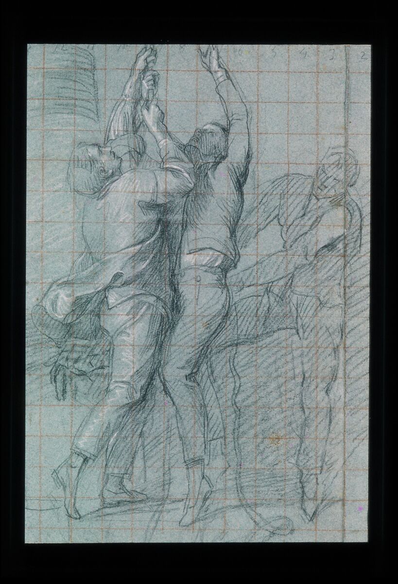 Study for "The Surrender of the Dutch Admiral De Winter to Admiral Duncan, October 11, 1797": Three Figures Raising the Colors, John Singleton Copley (American, Boston, Massachusetts 1738–1815 London), Black and red chalk and white-chalk heightening on blue laid paper, American