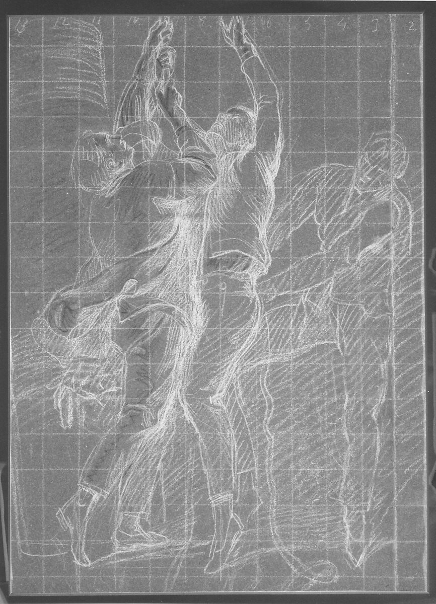 Study for "The Surrender of the Dutch Admiral De Winter to Admiral Duncan, October 11, 1797": Three Figures Raising the Colors, John Singleton Copley (American, Boston, Massachusetts 1738–1815 London), Black and red chalk and white-chalk heightening on blue laid paper, American