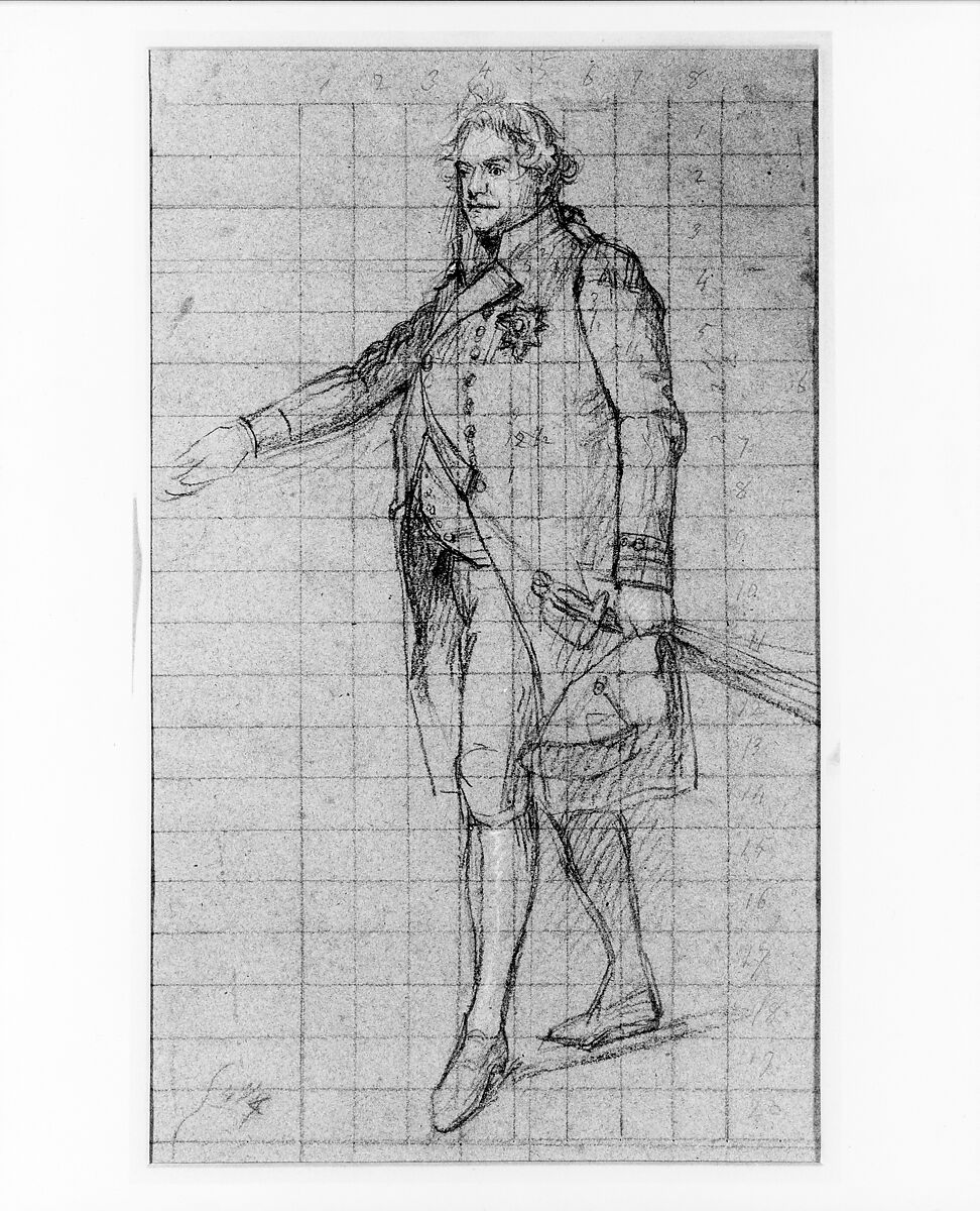 Study for "The Surrender of the Dutch Admiral De Winter to Admiral Duncan, October 11, 1797": Lord Admiral Duncan, John Singleton Copley (American, Boston, Massachusetts 1738–1815 London), Black and red chalk and white-chalk heightening on blue laid paper, American