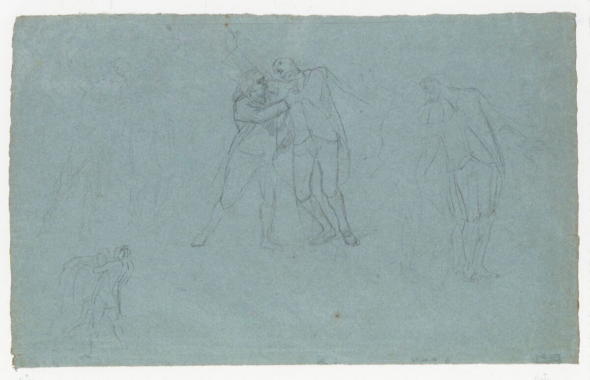 Study for "The Death of Major Peirson": Group of Dying French Officers, John Singleton Copley (American, Boston, Massachusetts 1738–1815 London), Black chalk on light blue laid paper, American