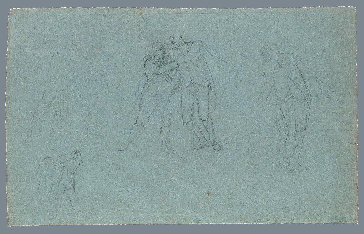 Study for "The Death of Major Peirson": Group of Dying French Officers, John Singleton Copley (American, Boston, Massachusetts 1738–1815 London), Black chalk on light blue laid paper, American