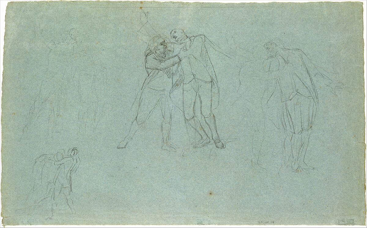 Study for "The Death of Major Peirson": Group of Dying French Officers, John Singleton Copley (American, Boston, Massachusetts 1738–1815 London), Black chalk on light blue laid paper, American 