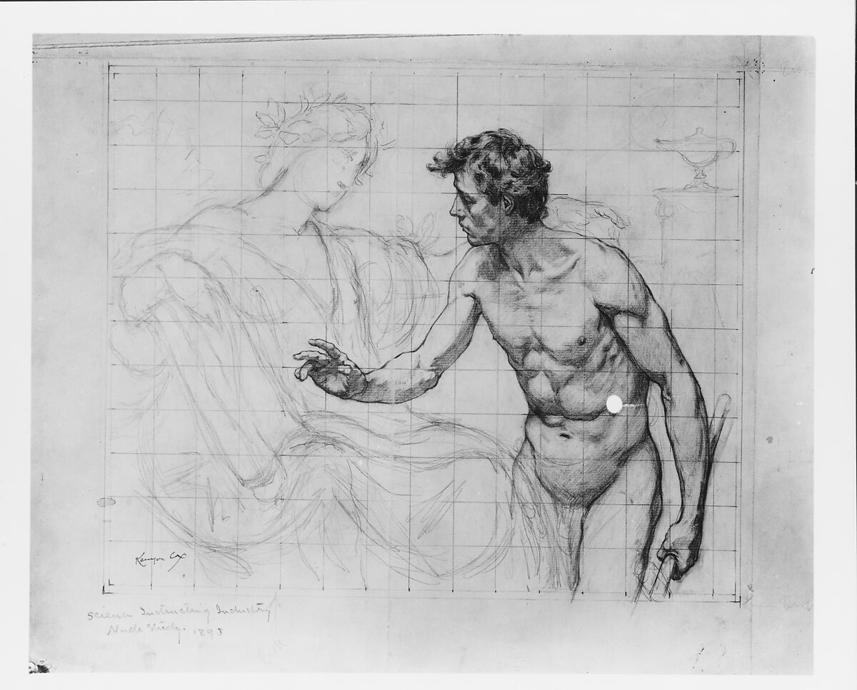 Science Instructing Industry: Nude Study, Kenyon Cox (American, Warren, Ohio 1856–1919 New York), Graphite on off-white laid paper mounted on secondary support of Egyptian linen, American