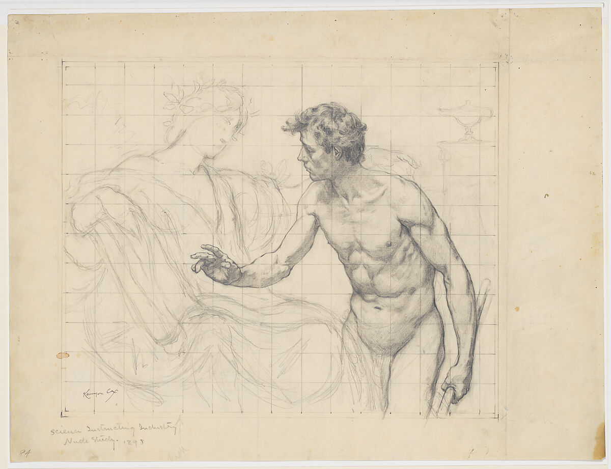 Science Instructing Industry: Nude Study, Kenyon Cox (American, Warren, Ohio 1856–1919 New York), Graphite on off-white laid paper mounted on secondary support of Egyptian linen, American 