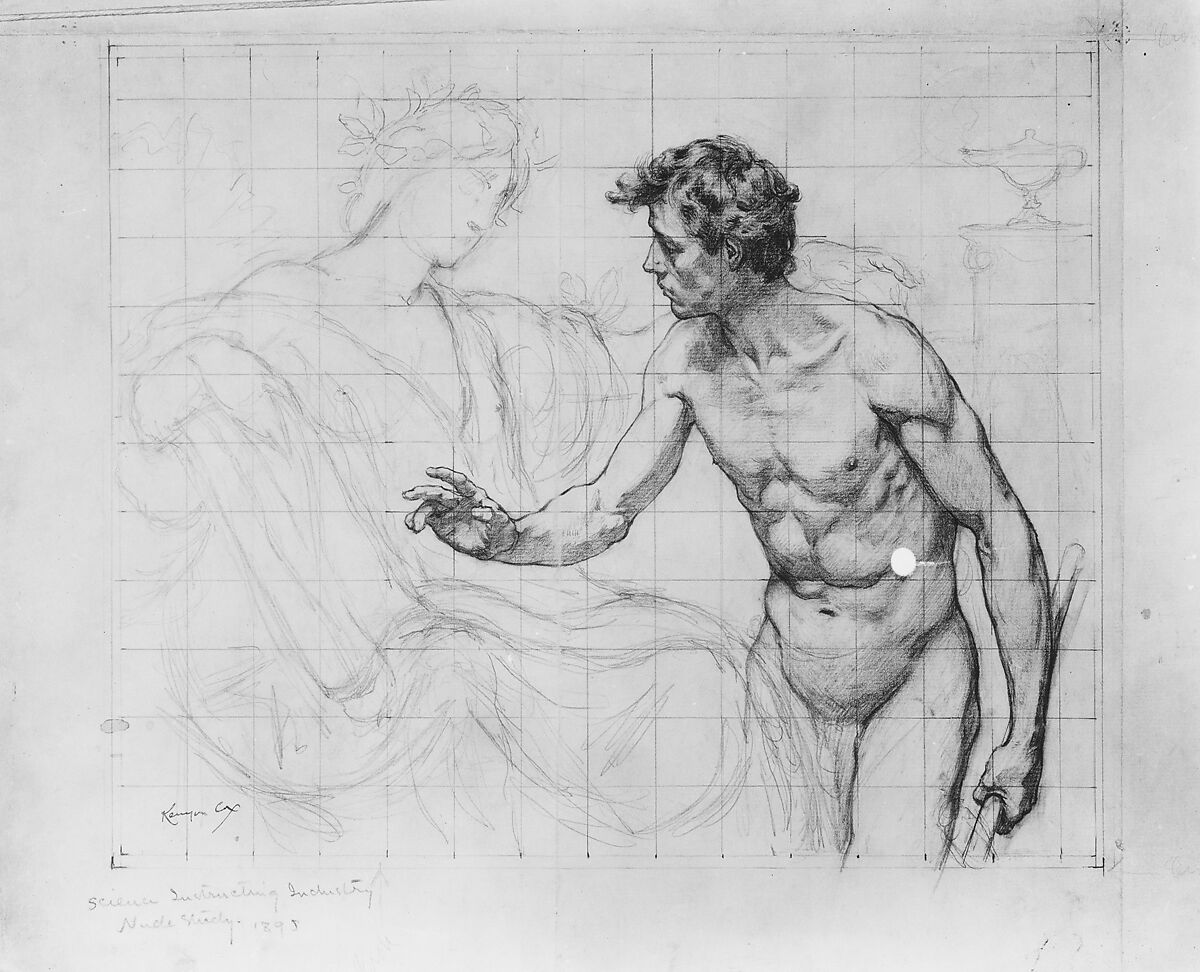 Science Instructing Industry: Nude Study, Kenyon Cox (American, Warren, Ohio 1856–1919 New York), Graphite on off-white laid paper mounted on secondary support of Egyptian linen, American