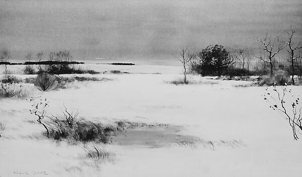 Snow Scene, Bruce Crane (American, New York 1857–1937 Bronxville, New York), Watercolor and gouache on blue-gray wove paper, American