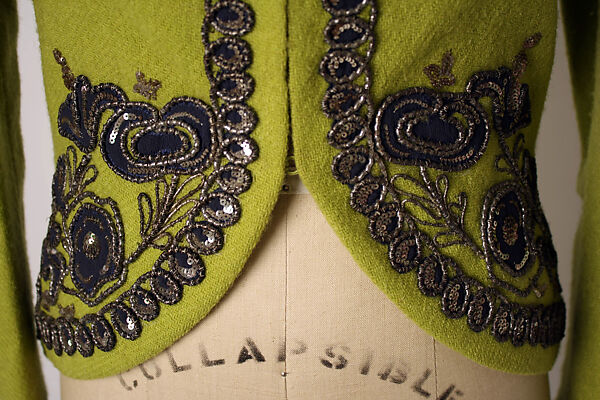 Jacket, Elsa Schiaparelli (Italian, 1890–1973), wool, silk, metallic thread, sequins, French