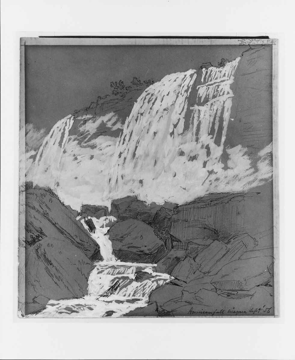 American Falls, Niagara, Jasper Francis Cropsey (American, Rossville, New York 1823–1900 Hastings-on-Hudson, New York), Graphite and white gouache on dark buff-colored wove paper, American