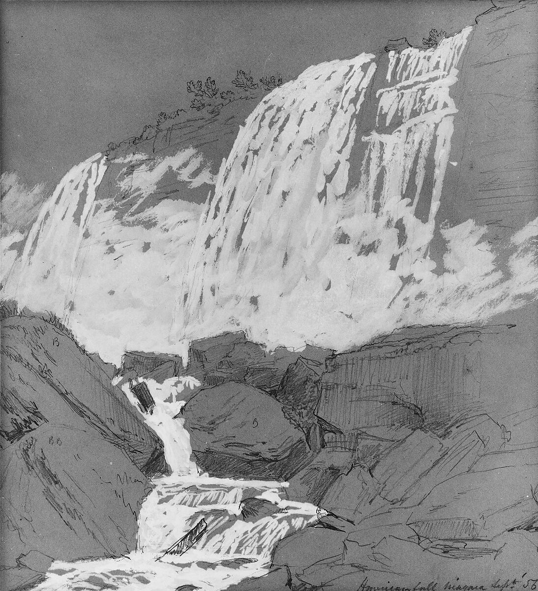 American Falls, Niagara, Jasper Francis Cropsey (American, Rossville, New York 1823–1900 Hastings-on-Hudson, New York), Graphite and white gouache on dark buff-colored wove paper, American 