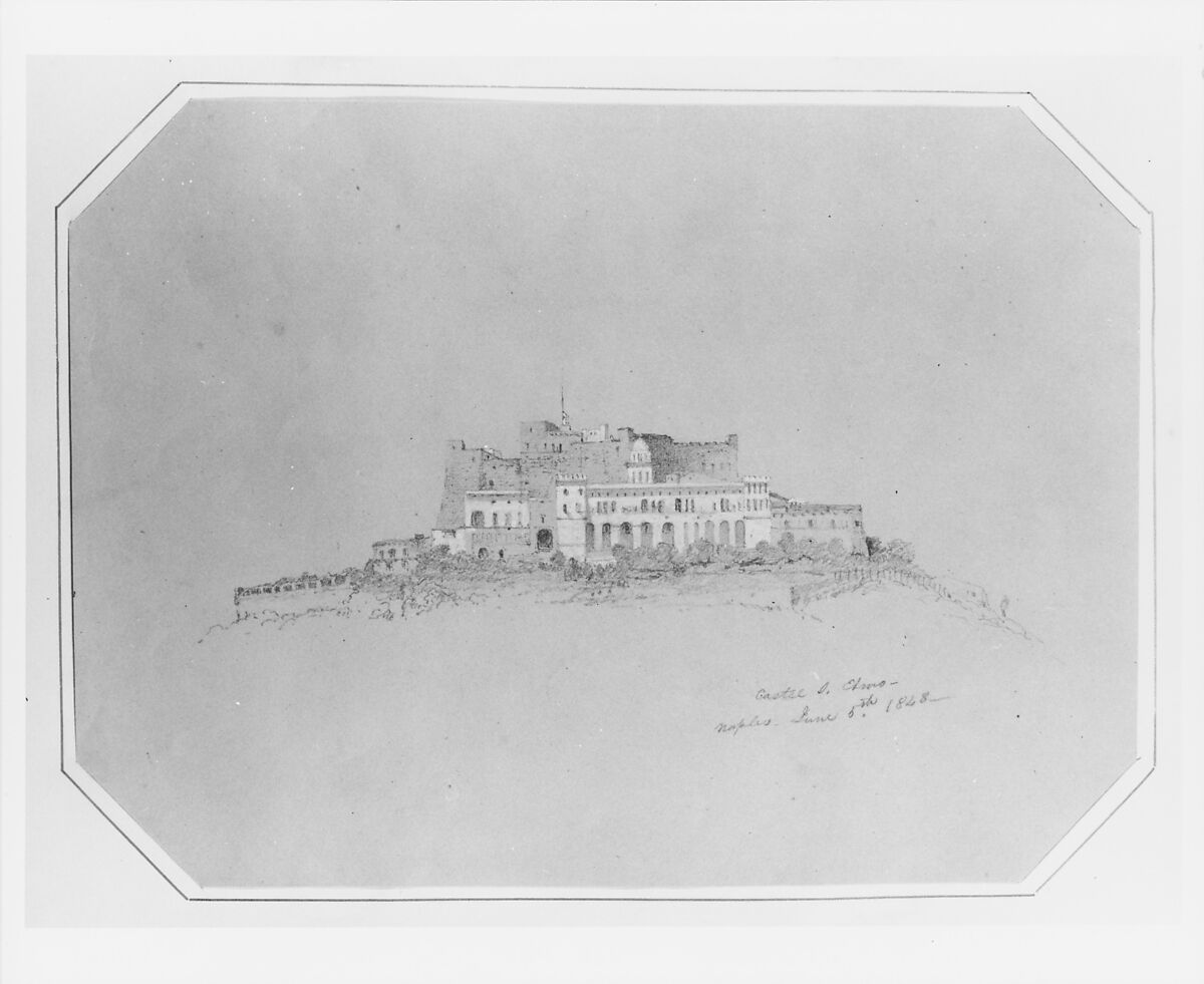 Castel San Elmo (from Cropsey Album), Attributed to Jasper Francis Cropsey (American, Rossville, New York 1823–1900 Hastings-on-Hudson, New York), Graphite, white gouache, and watercolor on dark buff-colored wove paper, American