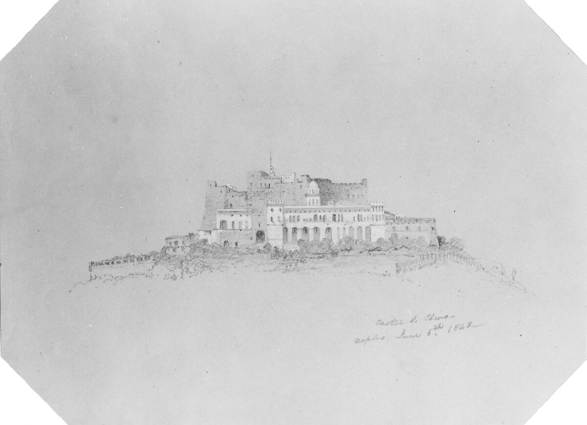 Castel San Elmo (from Cropsey Album), Attributed to Jasper Francis Cropsey (American, Rossville, New York 1823–1900 Hastings-on-Hudson, New York), Graphite, white gouache, and watercolor on dark buff-colored wove paper, American 