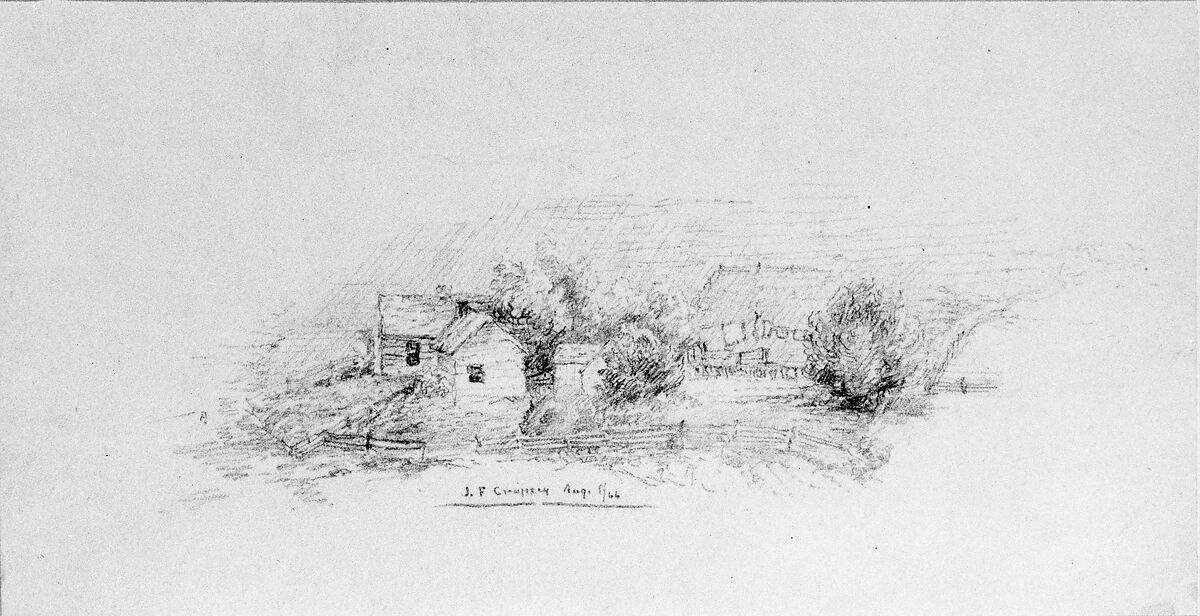 Country Scene with Cottages (from Cropsey Album), Jasper Francis Cropsey (American, Rossville, New York 1823–1900 Hastings-on-Hudson, New York), Graphite on off-white wove paper, American 